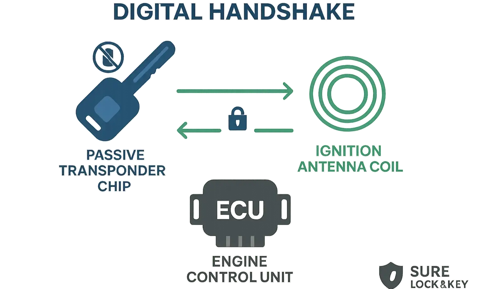 “Digital Handshake” diagram showing how a car key transponder communicates with the vehicle to prevent unauthorized starts.