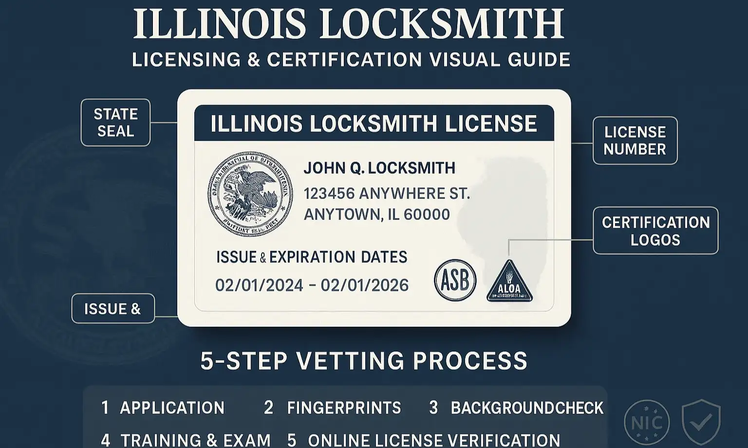 Close-up of a locksmith’s ID card showing photo, name, and Illinois state license number.