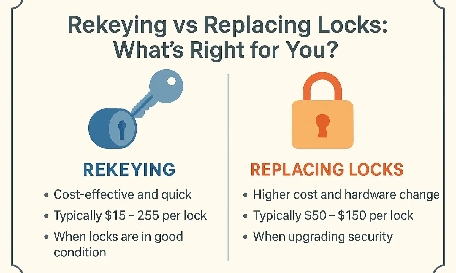 An infographic showing the internal mechanism of a lock being rekeyed versus a lock being completely replaced.
