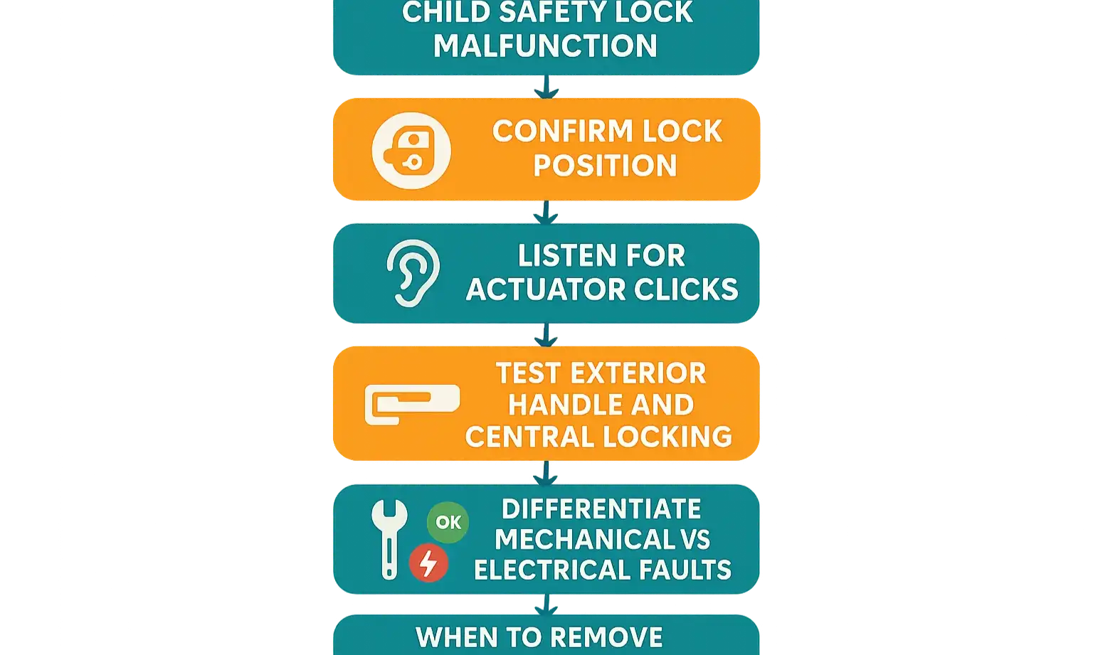 Flowchart shows a 5-step process to diagnose a malfunctioning child safety lock.