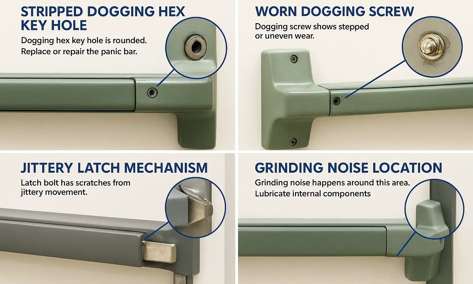 Visual guide to common panic bar dogging failures, their signs, and possible fixes before replacement decisions.