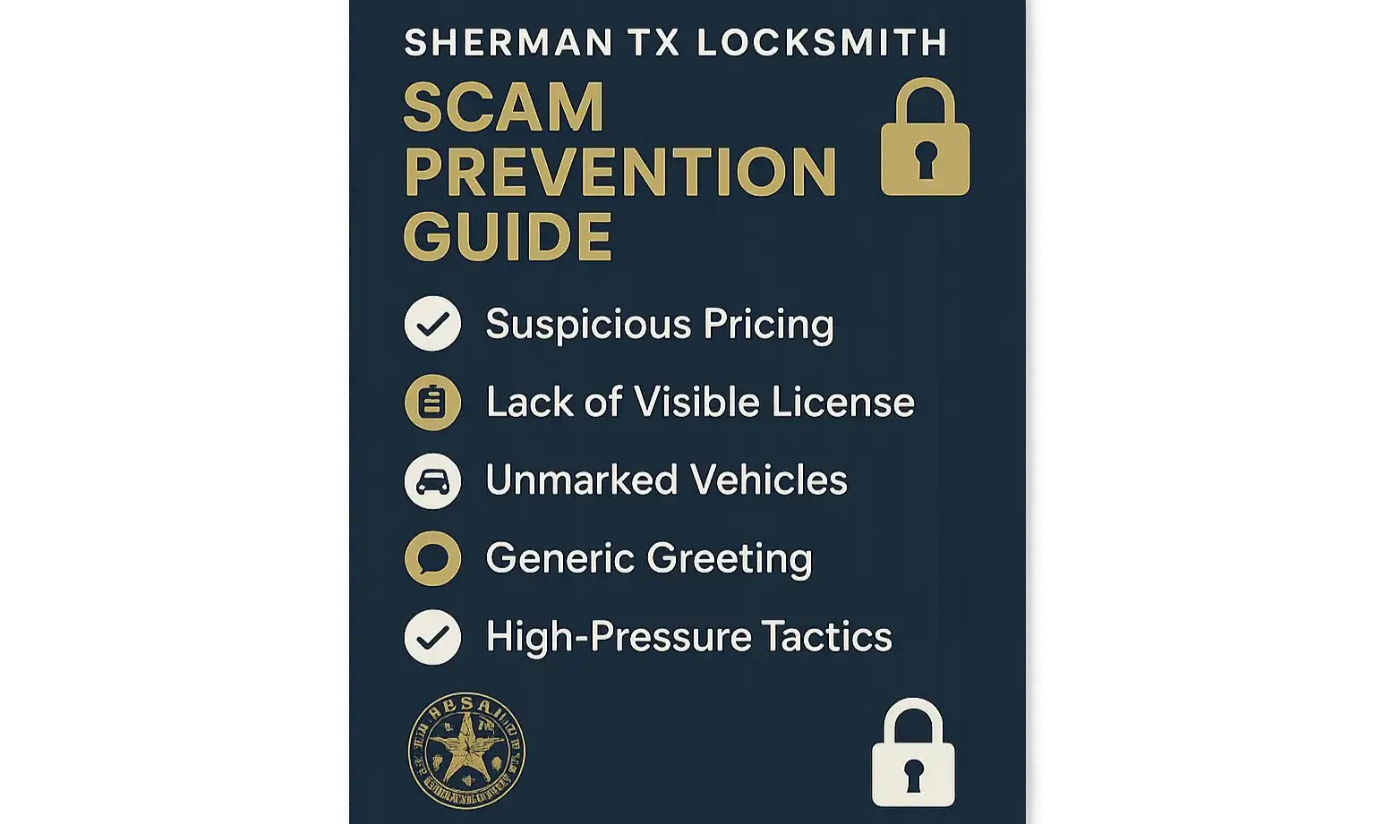 Infographic checklist highlights common locksmith scam red flags to watch for.