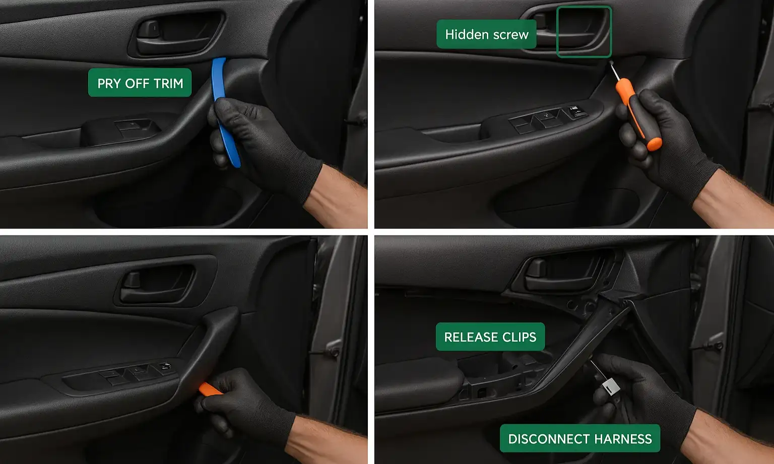 A person using a plastic trim removal tool to safely pry off a car's interior door panel, showing the correct technique to avoid damaging the clips.