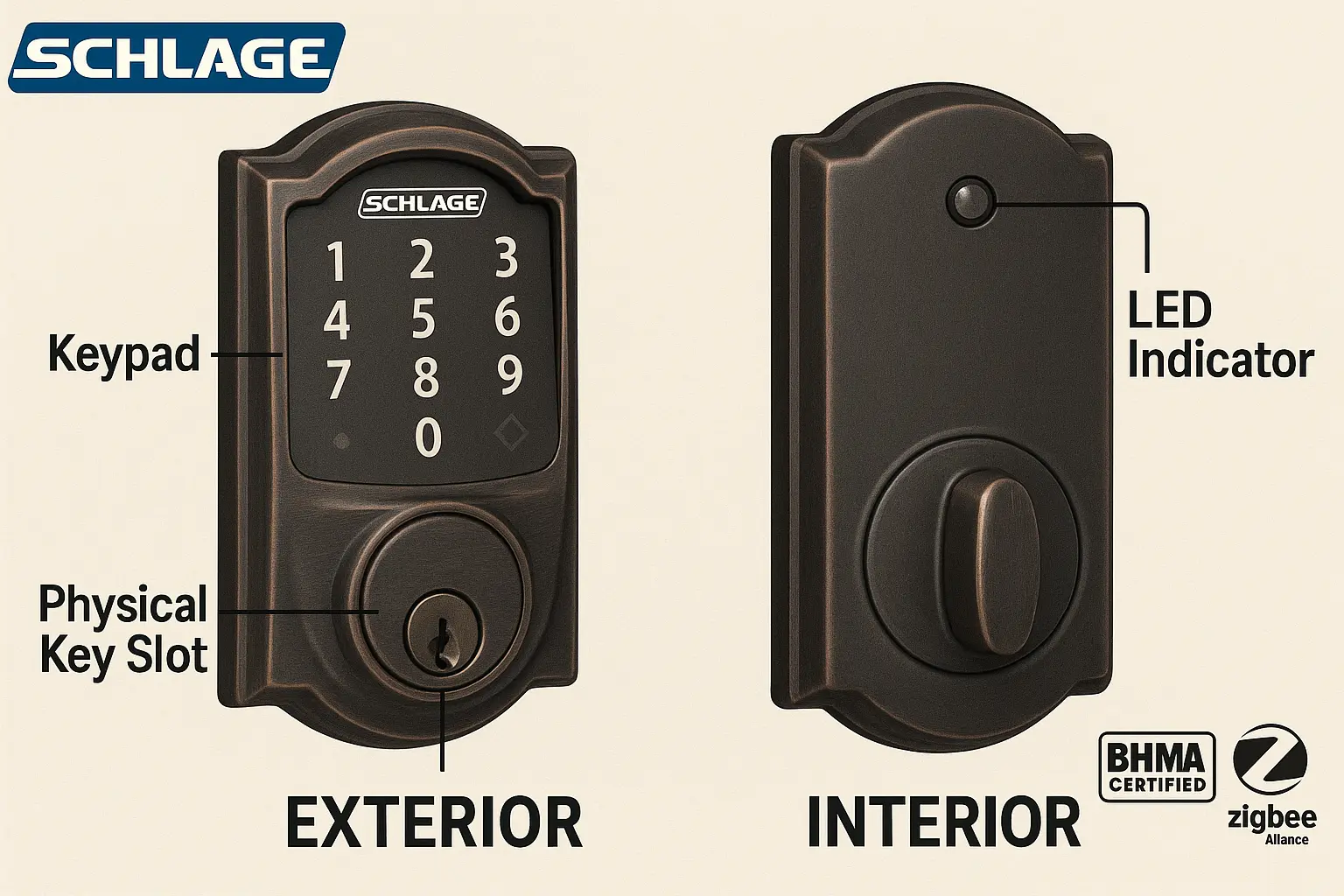 A visual guide decoding the blinking lights on a Schlage smart lock: Green for success, Red for error or low battery, and Blue for Bluetooth pairing.