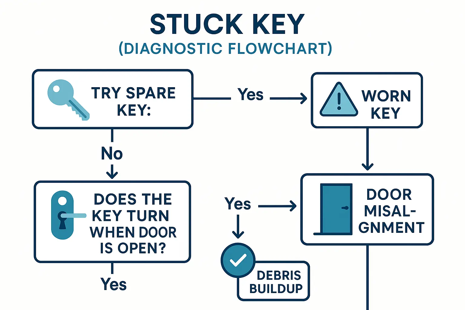 Use this step-by-step diagnostic flowchart to identify why your key is stuck and decide whether a simple DIY fix or professional help is needed.