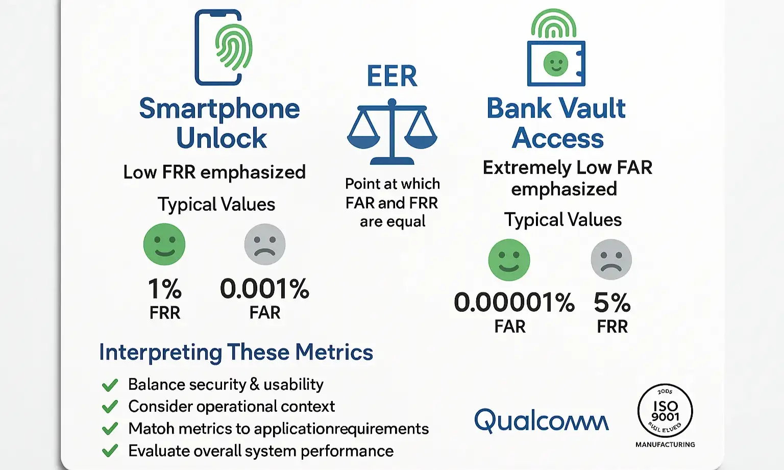 Visualization highlights biometric security vs convenience trade-offs and the Equal Error Rate to guide system selection.