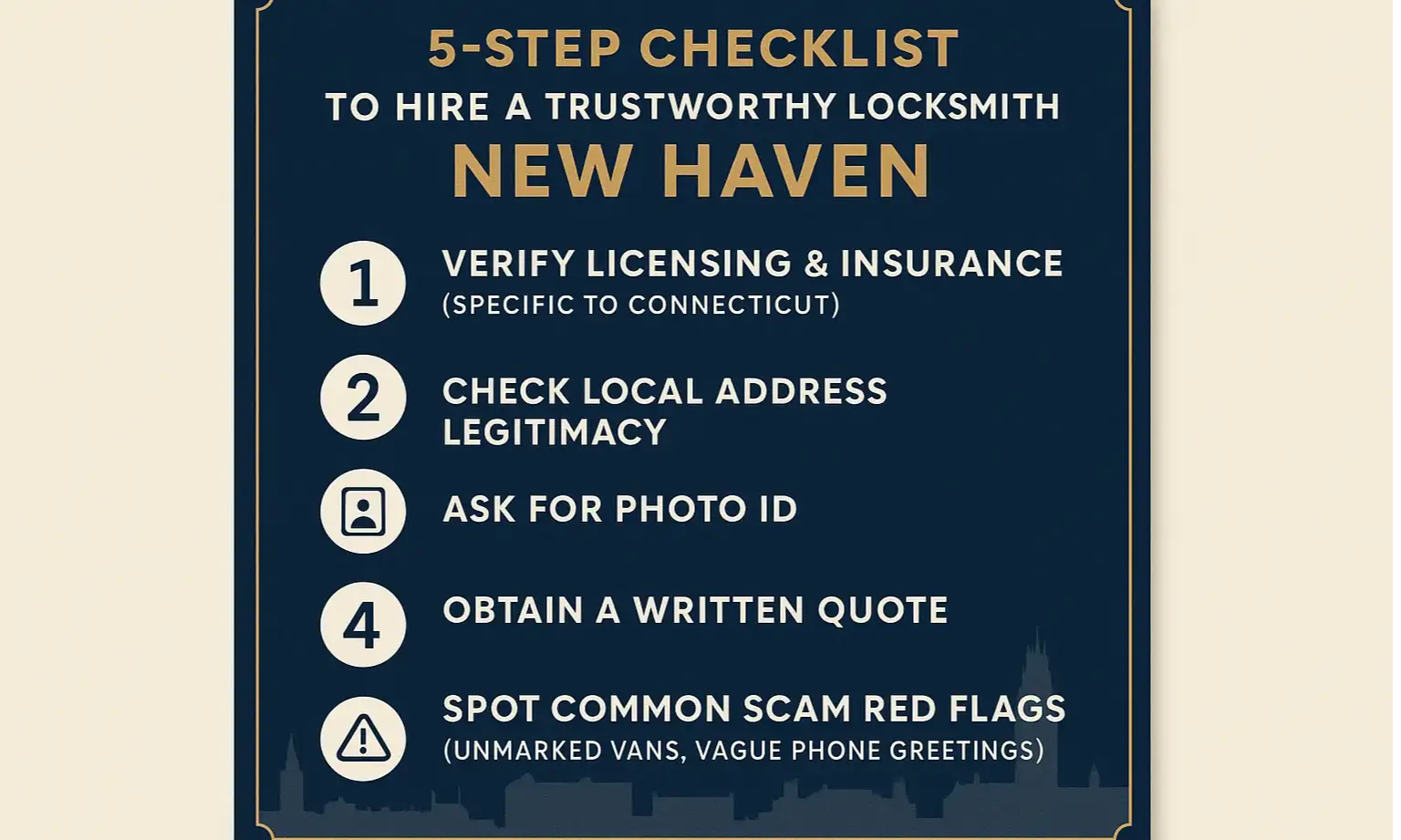 Checklist graphic shows five key steps to verify and hire a trustworthy locksmith.