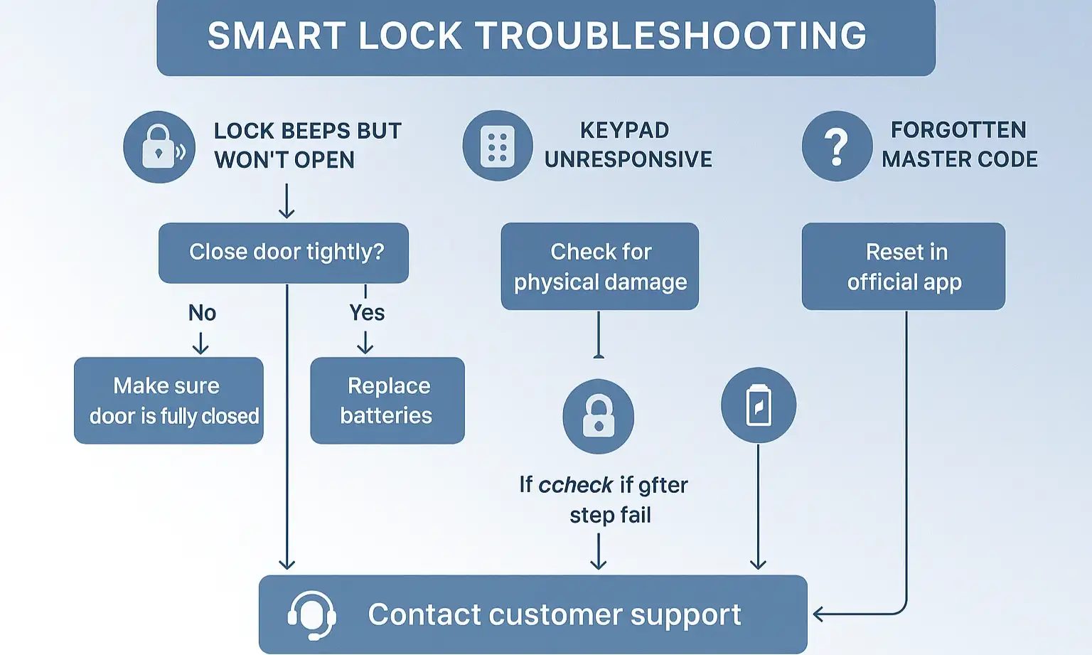 Flowchart of smart lock issues (unresponsive keypad, beeping) with fixes like checking batteries and verifying codes.