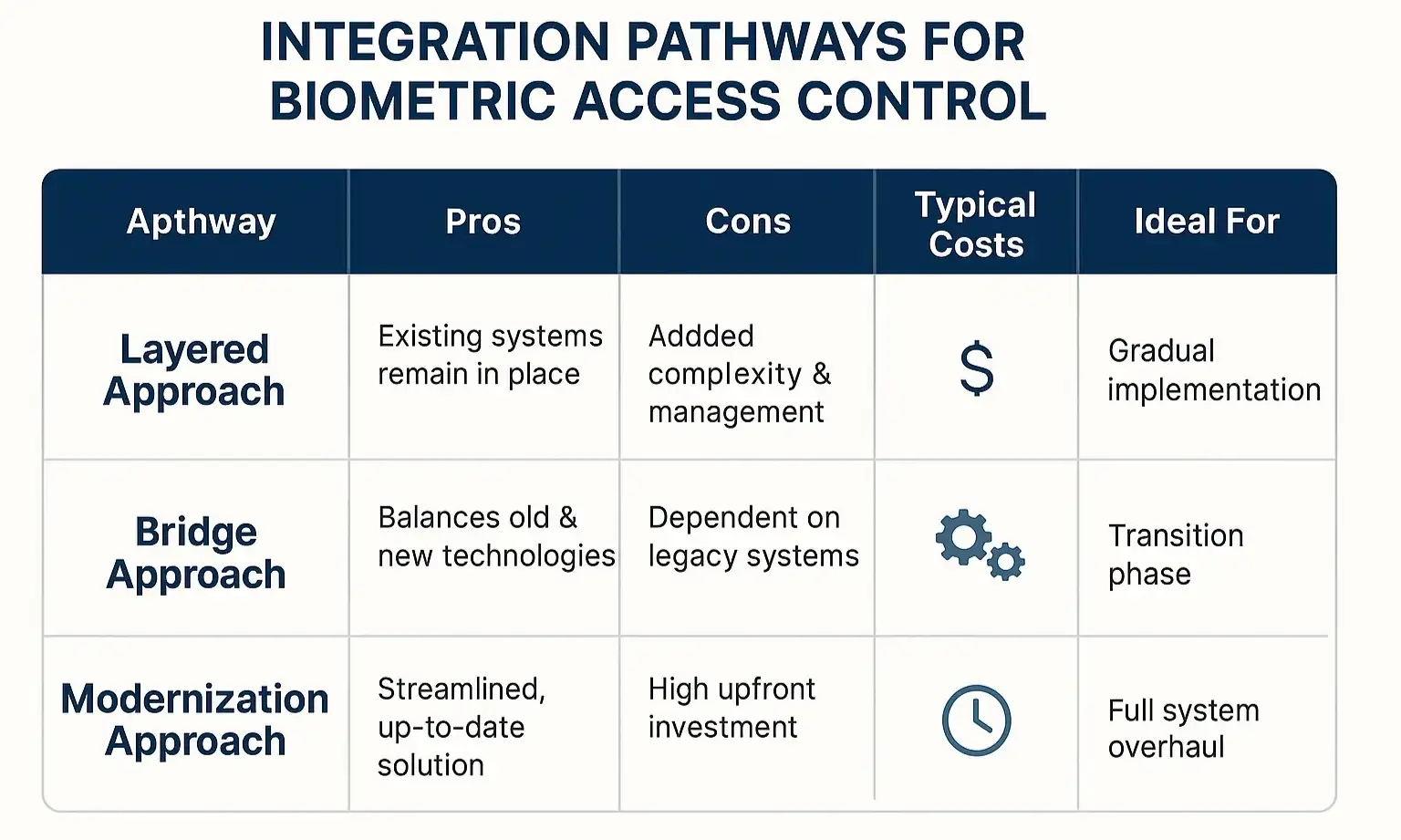 Compare integration pathways side-by-side to identify the best fit for your security upgrade budget, technical capabilities, and timeline.