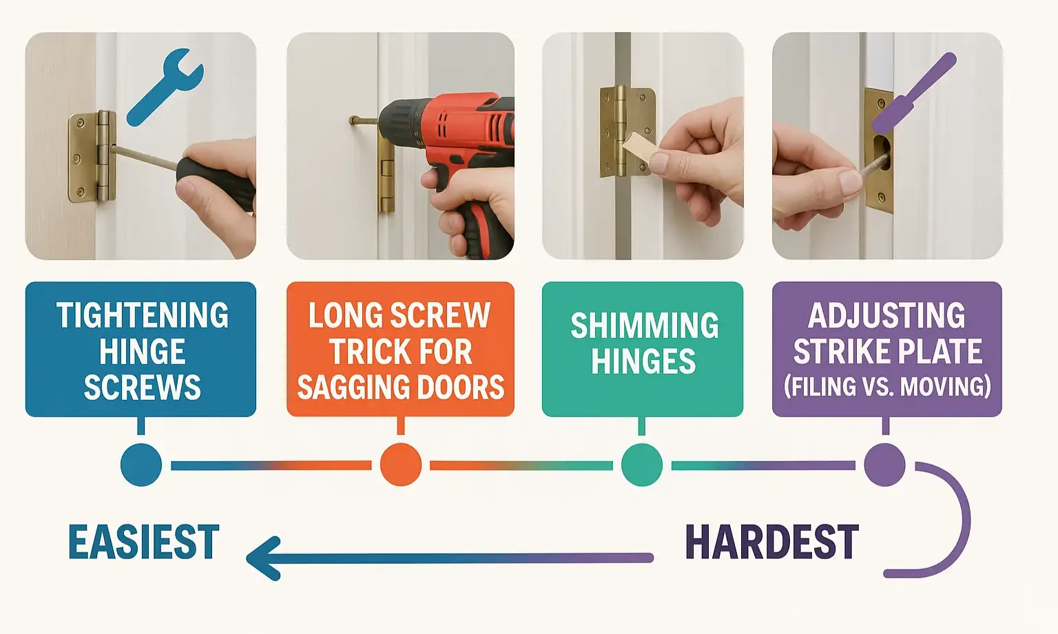 Illustration of a step-by-step DIY roadmap for fixing a misaligned door, from tightening screws to adjusting the strike plate.