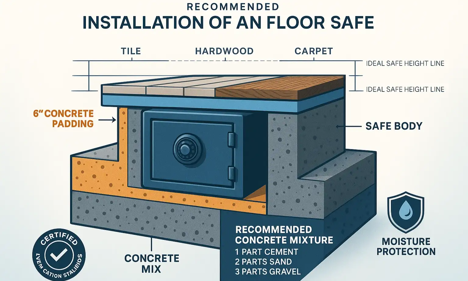 Installation cross-section explains key steps to ensure a secure floor safe and clean finish.
