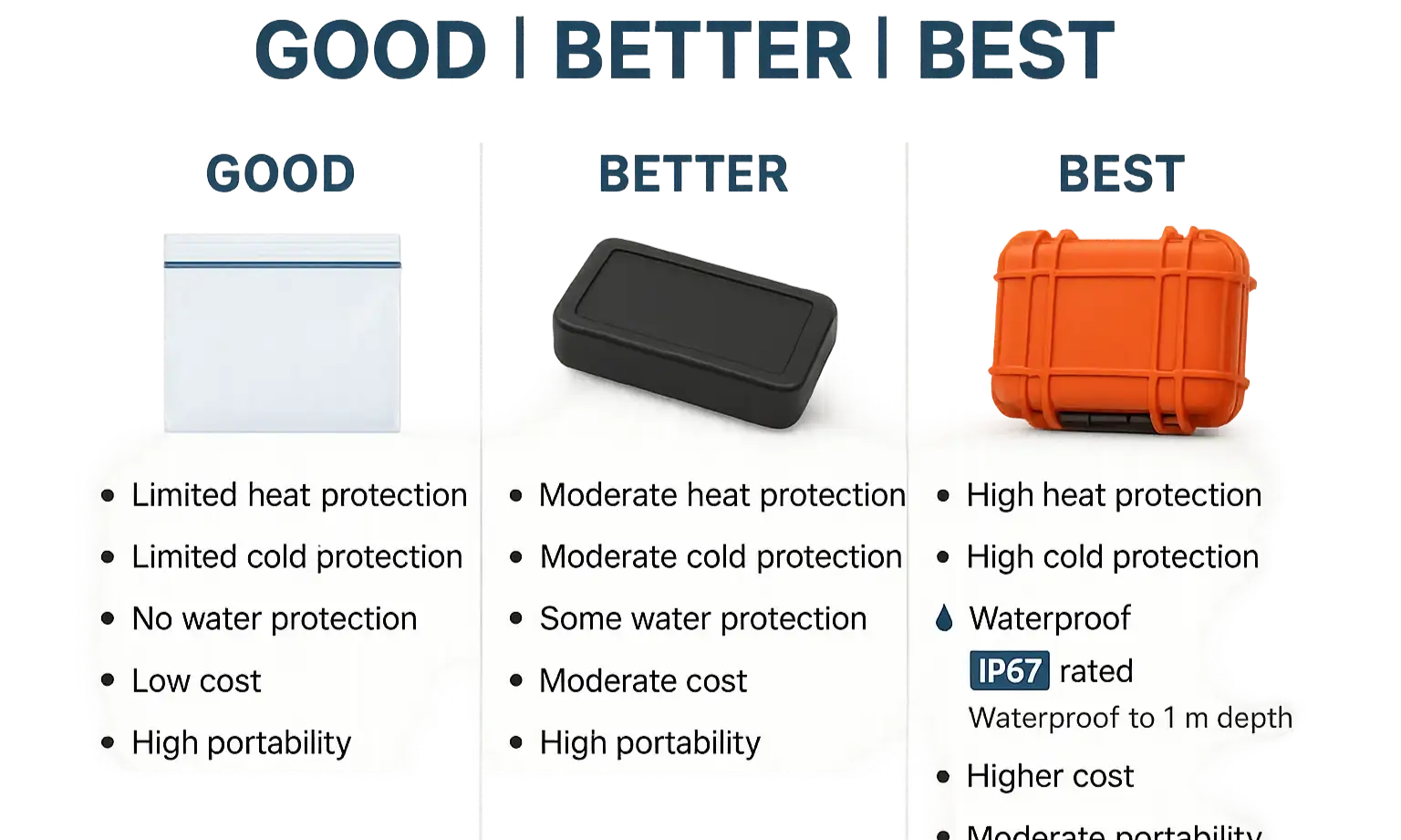 A matrix showing how heat, cold, and water damage a key fob's shell, battery, and circuit board.