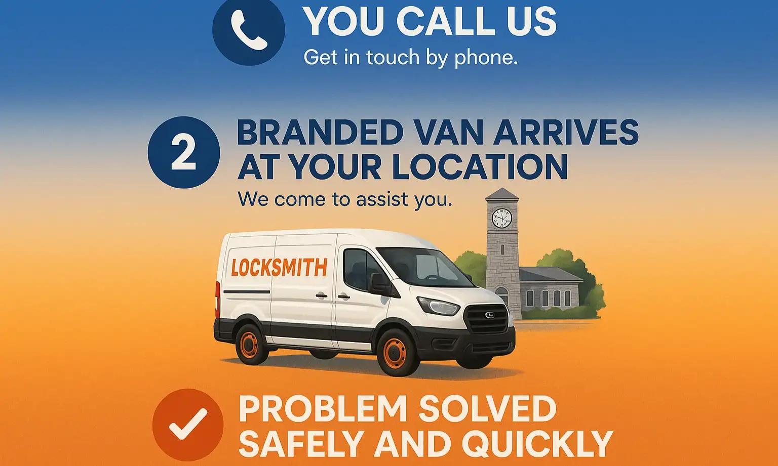 Know exactly what happens when you call: fast, professional help from our branded technicians ensuring your lock problem is solved efficiently.