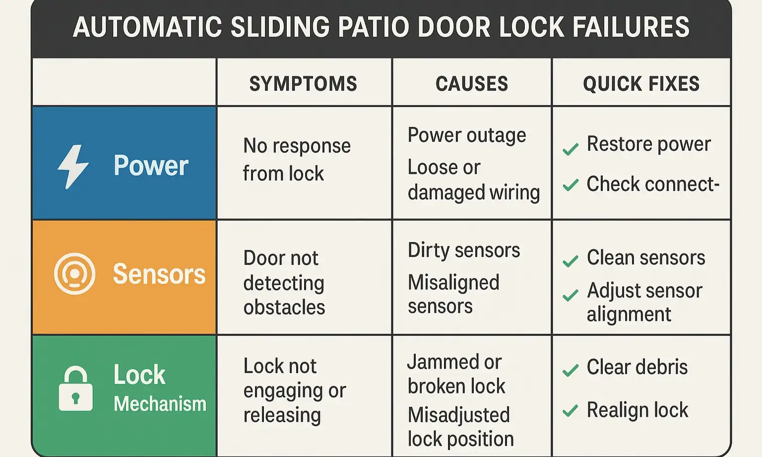 Matrix of sliding door lock issues—obstruction, sensor/power, and mechanical—with simple fixes.