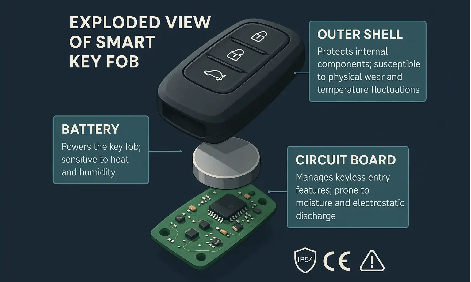 A visual comparison of key fob protection methods, from a simple plastic bag to a magnetic holder to a secure IP67-rated case.