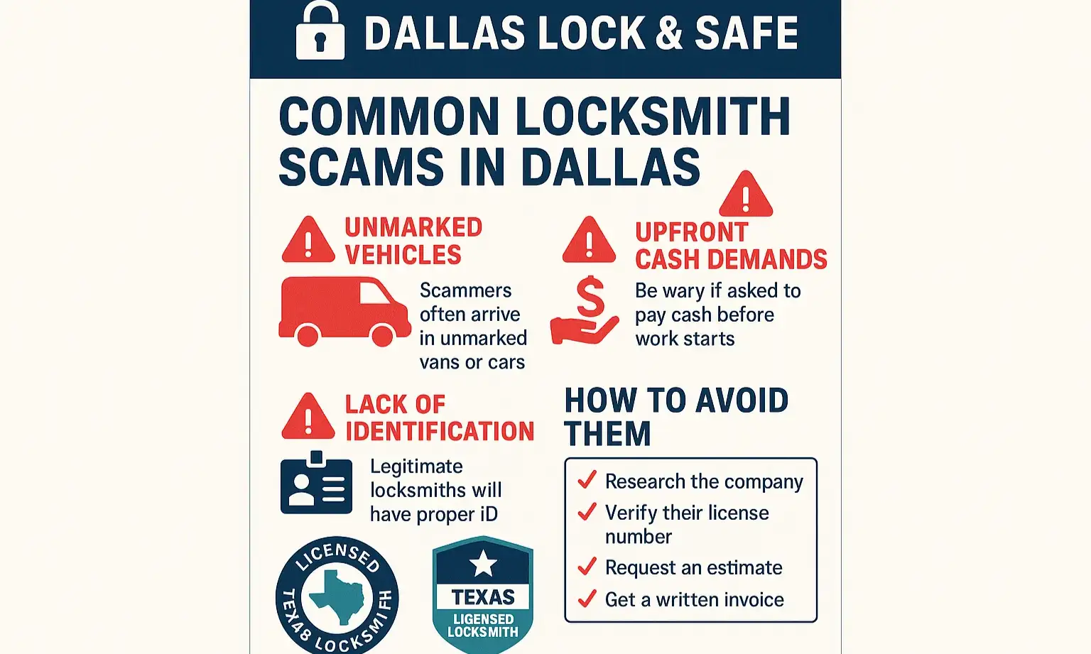 At-a-glance comparison of Dallas locksmiths helps you quickly evaluate key credentials and services to choose the safest, most reliable option.
