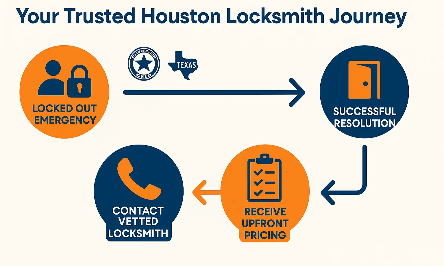 A step-by-step graphic illustrating the process of finding and hiring a trustworthy locksmith in Houston.