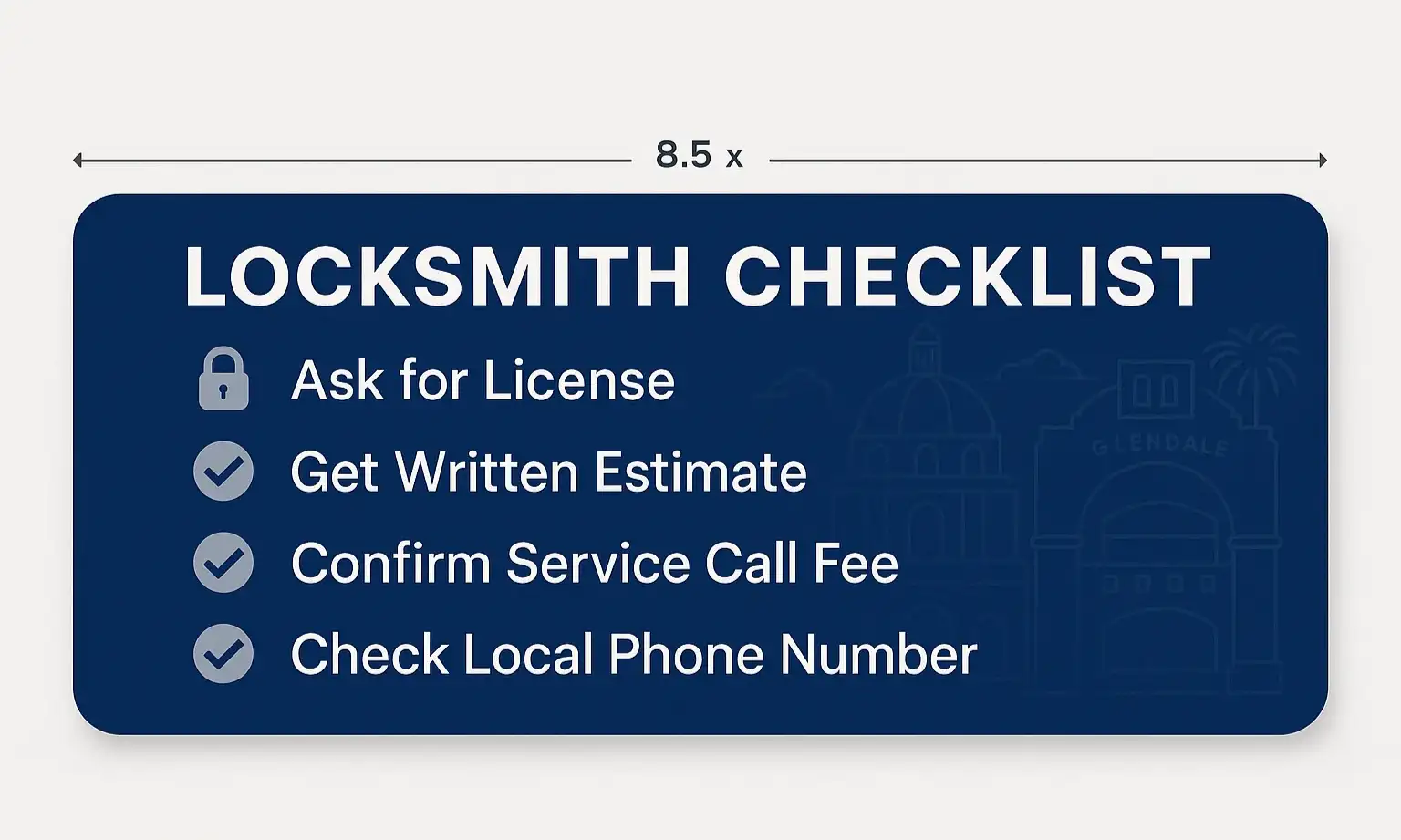 Printable wallet card with key locksmith questions and red flags for quick emergency reference.