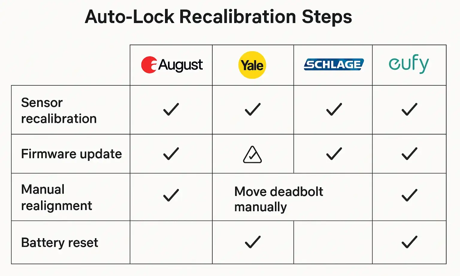 Side-by-side image of Yale, Schlage, and August apps highlighting where to find calibration settings.