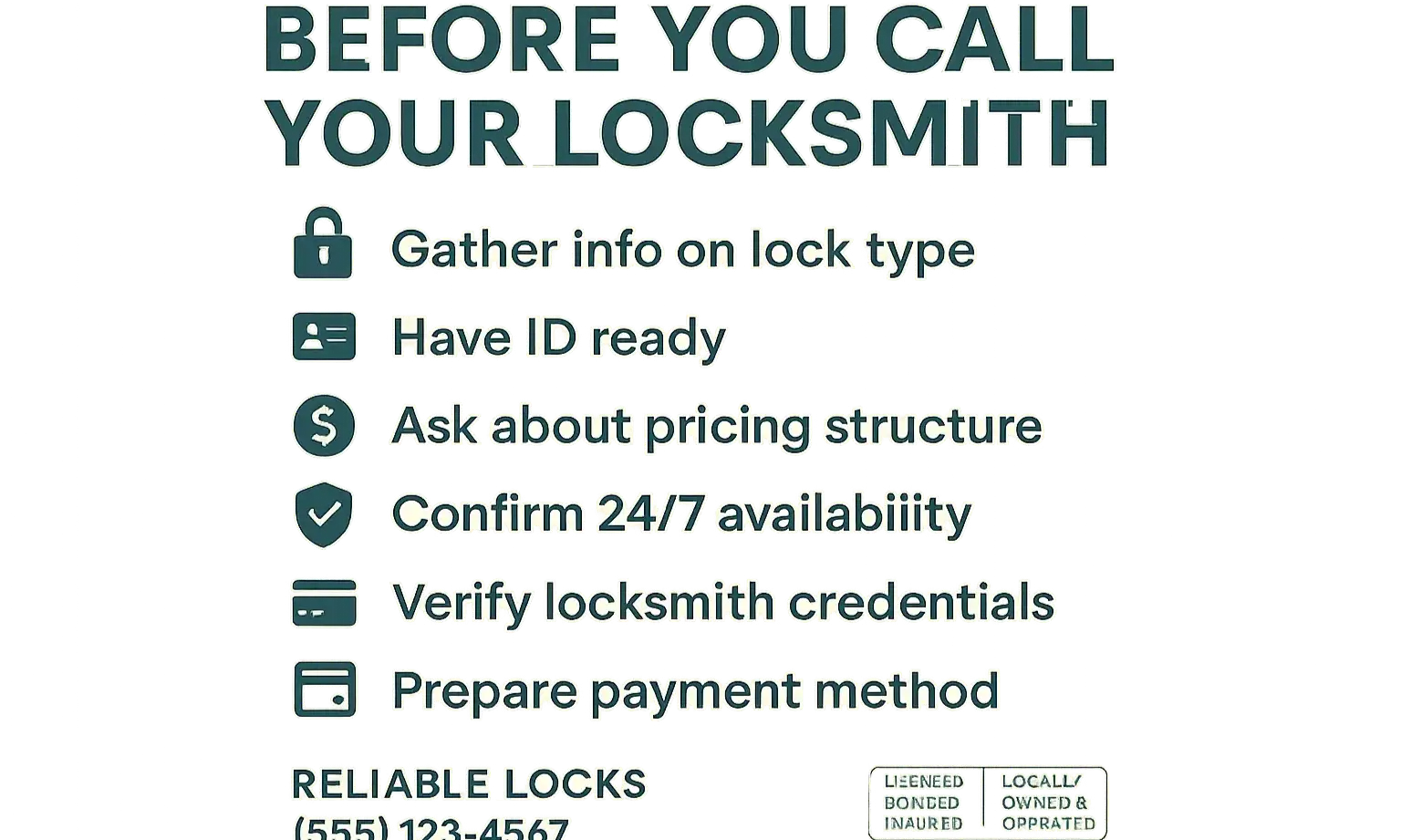 “Pre-Call Checklist” graphic: confirm company name, request full quote, ask ETA, verify license and insurance.