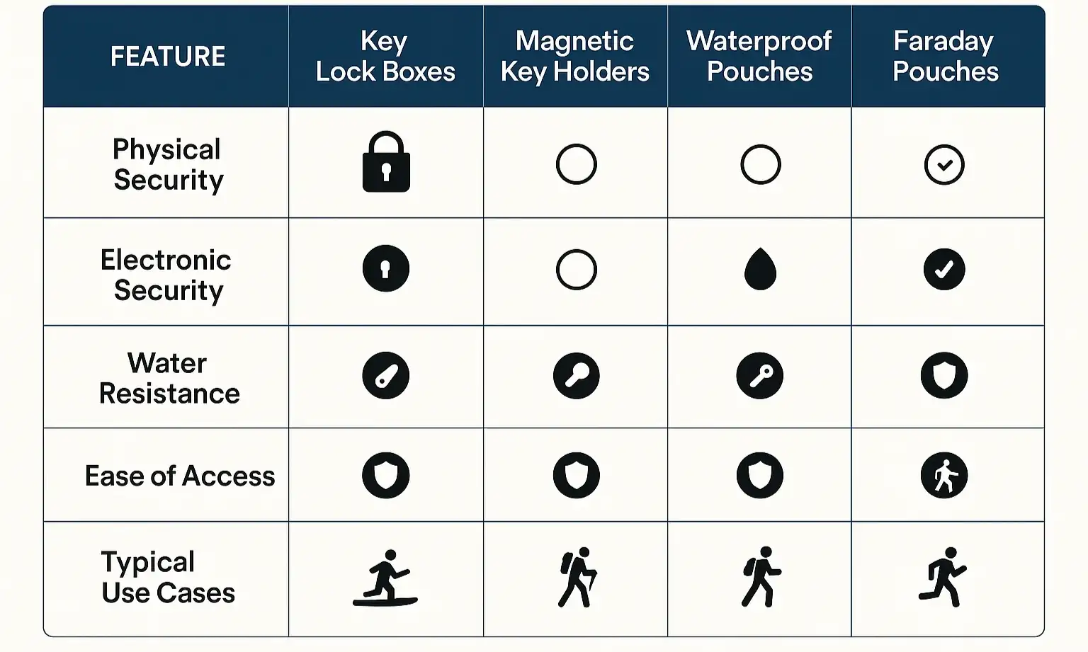 Comparison matrix evaluates key hiding options by security, durability, and ease of use.
