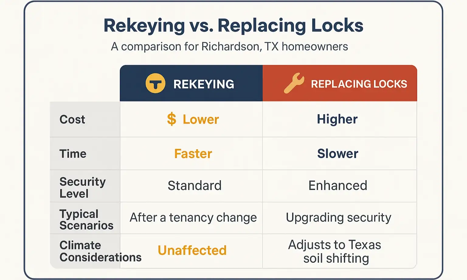 Quickly compare rekeying and lock replacement options to decide the best solution for your Richardson home’s security and budget.