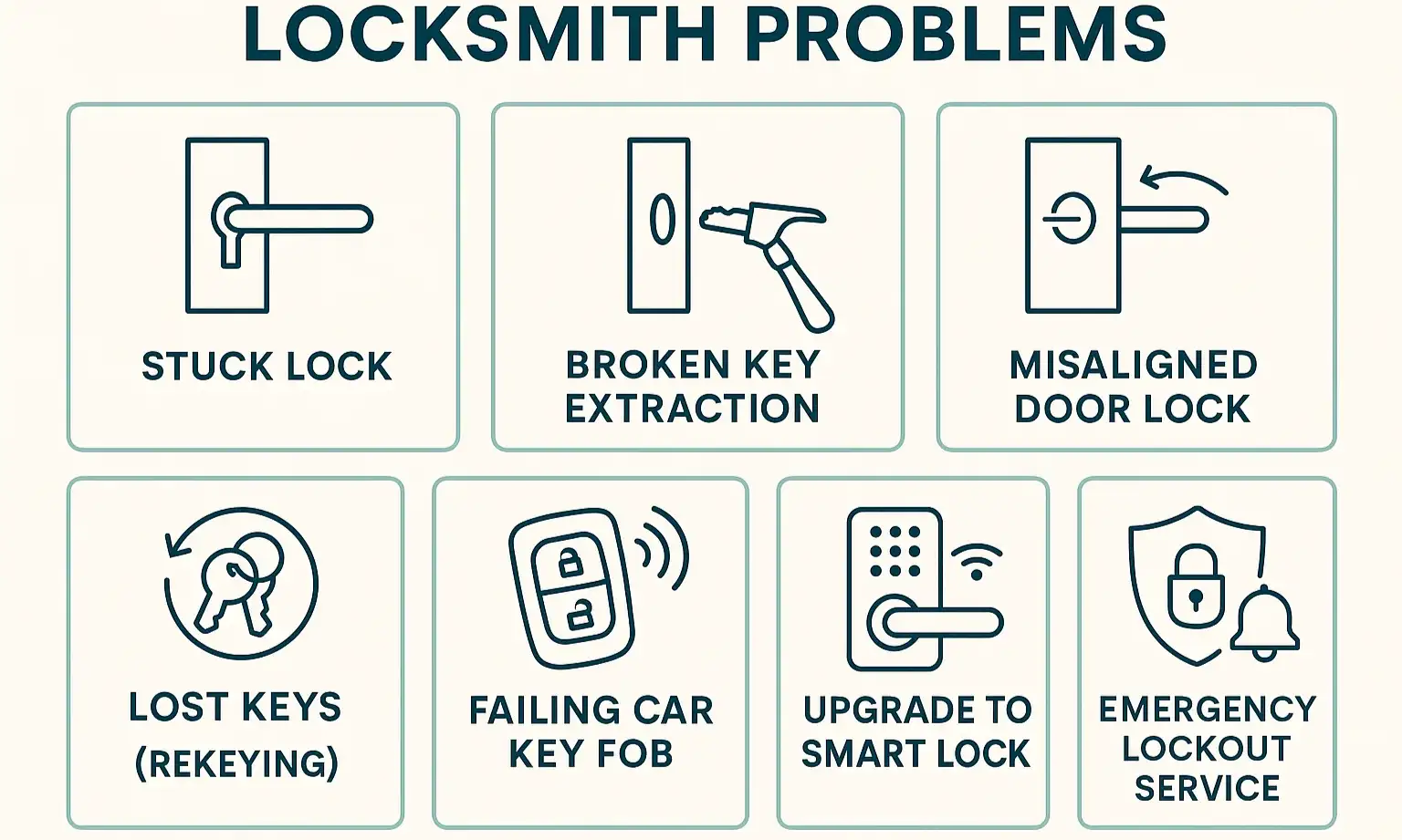 Identify and understand common lock and key issues with this visual guide — your first step to effective resolution and confident locksmith selection.
