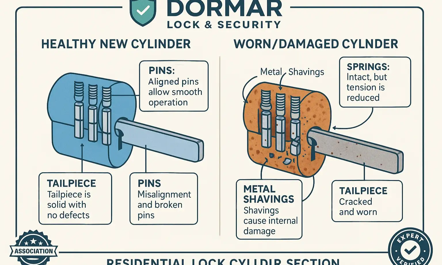 An annotated diagram showing the internal components of a worn lock cylinder, highlighting damaged pins, a weak spring, a cracked housing, and a sheared tailpiece.