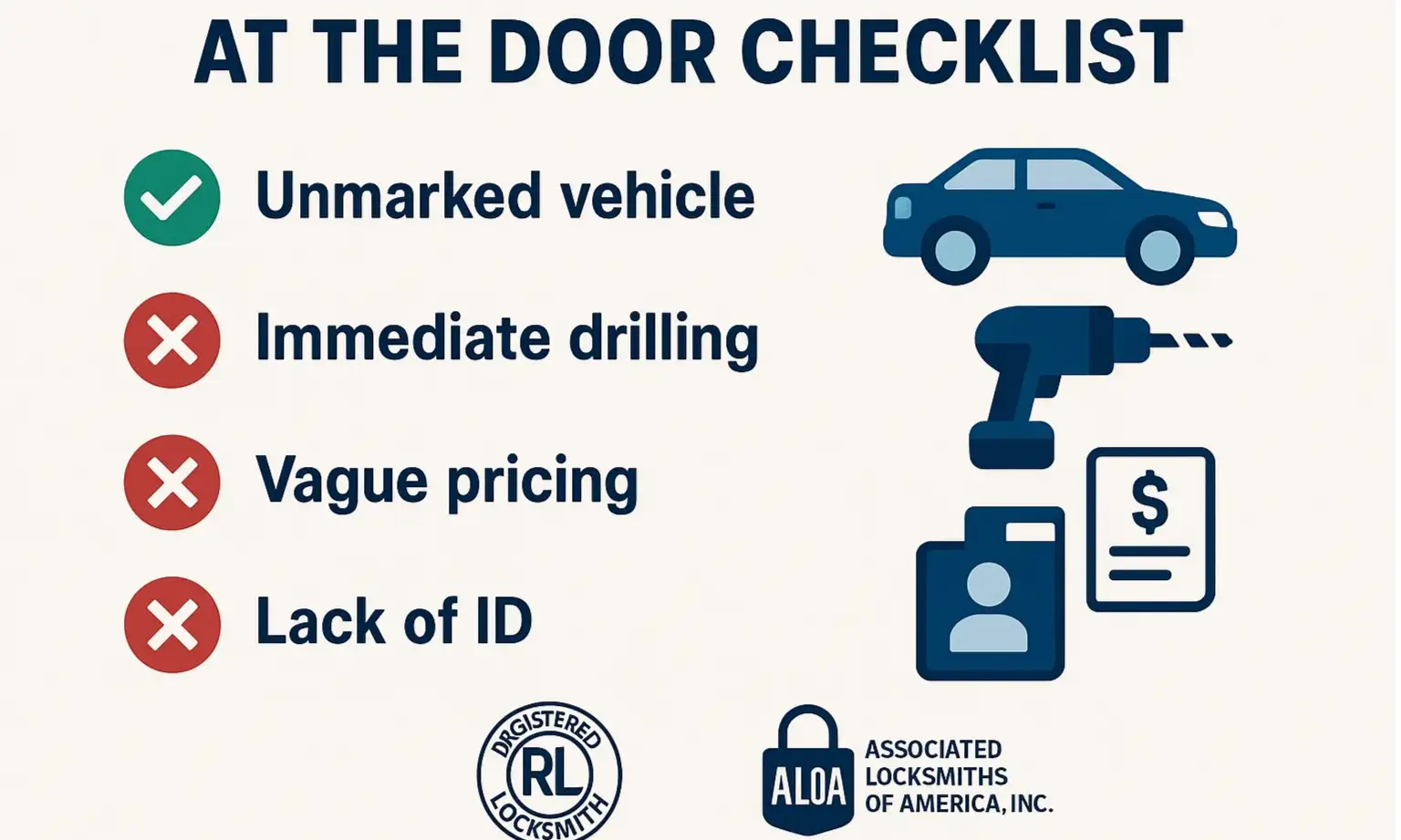 Use this quick reference checklist when a locksmith arrives to ensure they meet trustworthy standards and avoid costly scams.