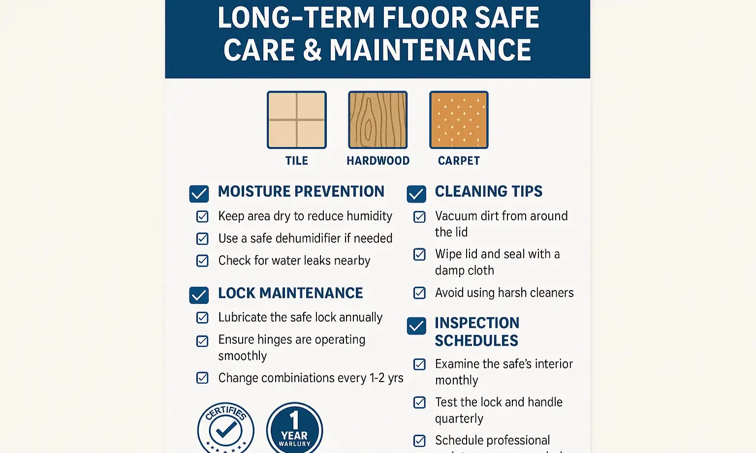 Maintenance checklist helps protect your floor safe finish and long-term security.