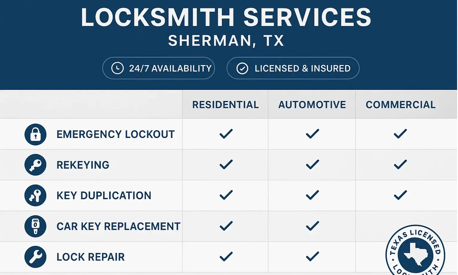 Quick overview of Sherman locksmith services for residential, automotive, and commercial needs, with 24/7 availability and licensing.