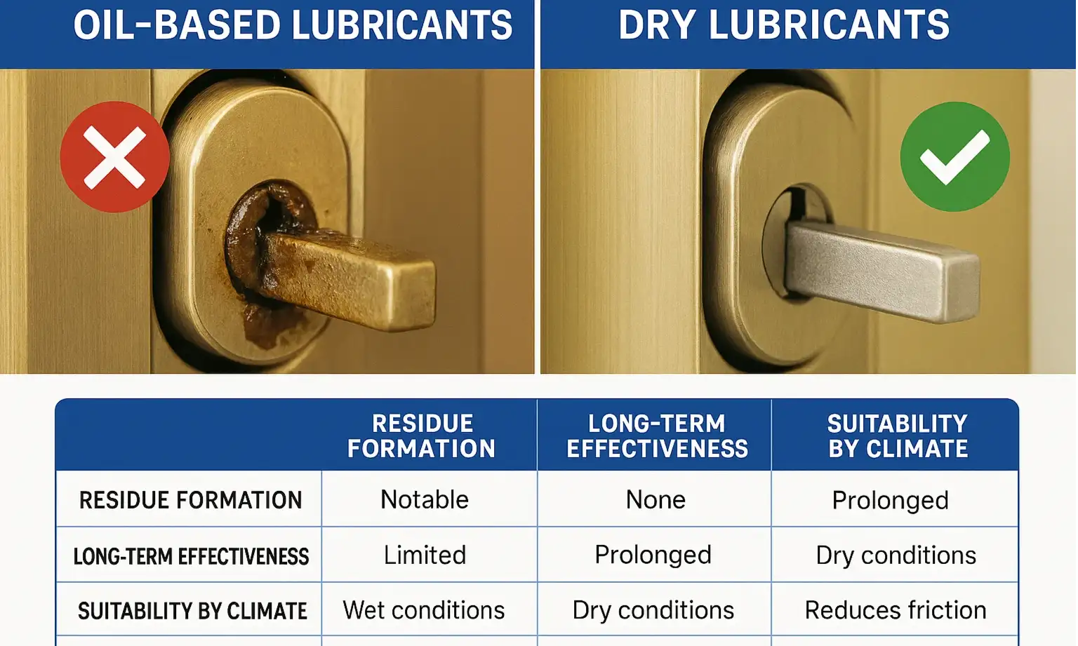 Infographic compares oil-based lubricants that cause buildup with dry lubricants that keep locks clean and working.