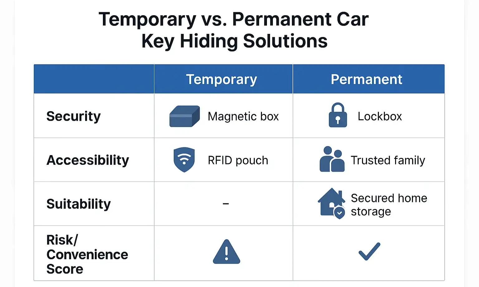Quick comparison of temporary and permanent key hiding methods by security, access, and use case.