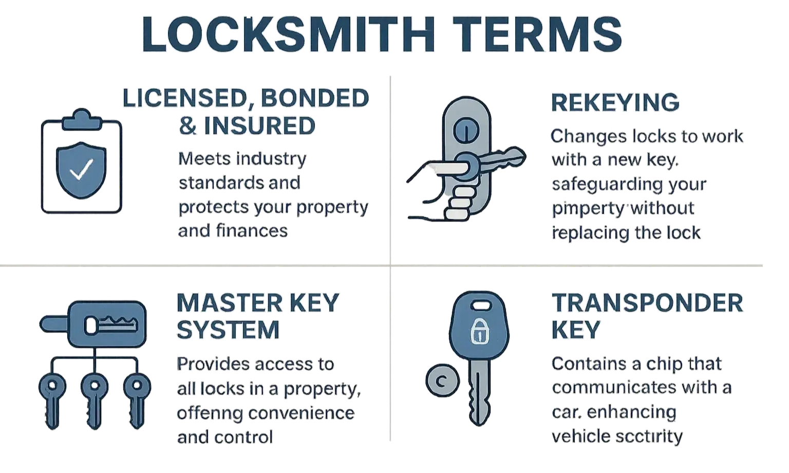 A visual glossary explaining common locksmith terms like rekeying, master key, transponder key, and high-security lock.