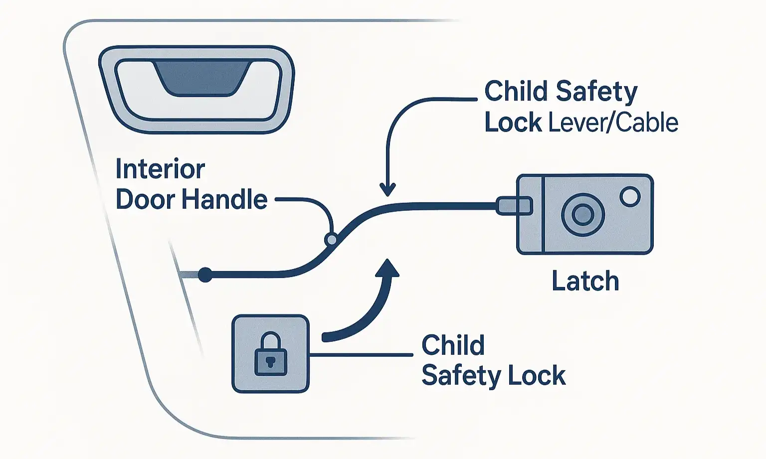 A detailed diagram of a car's child safety lock mechanism, showing how the interior handle is disconnected from the main door latch.