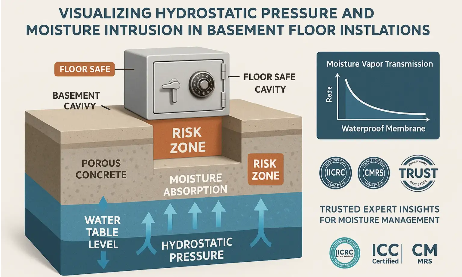 A diagram comparing a poor floor safe installation vulnerable to hydrostatic pressure with a proper, waterproofed installation that resists moisture.