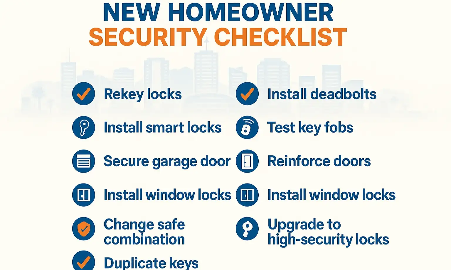 A visually appealing checklist graphic with icons for rekeying, lock upgrades, and garage security.