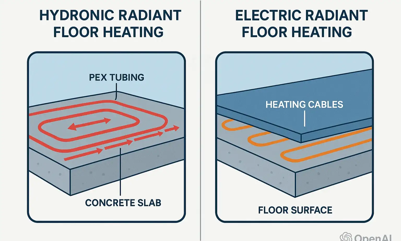 Comparison of hydronic vs electric radiant floor heating for floor safe installation decisions.