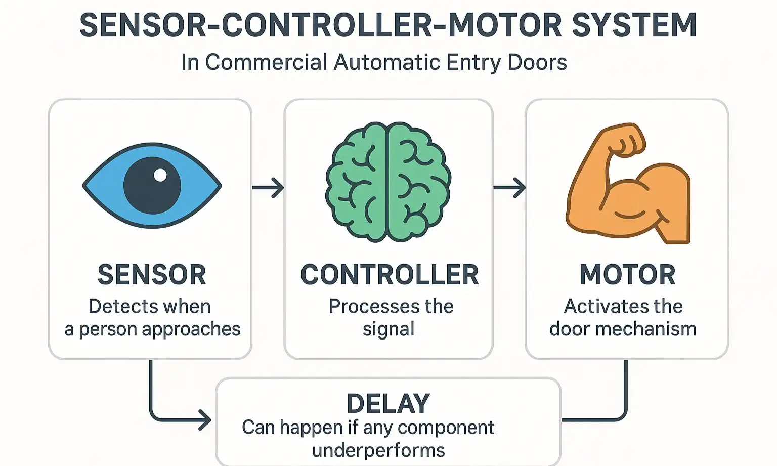 Anatomy of an automatic door infographic showing the relationship between the sensor, controller, and motor.