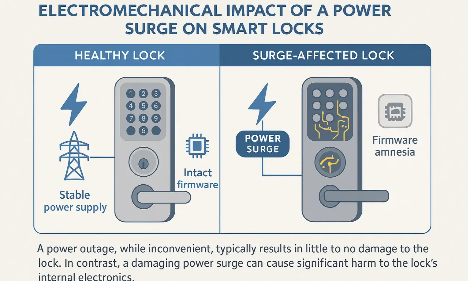 See how power surges disrupt smart lock firmware and hardware, explaining malfunctions and guiding troubleshooting.