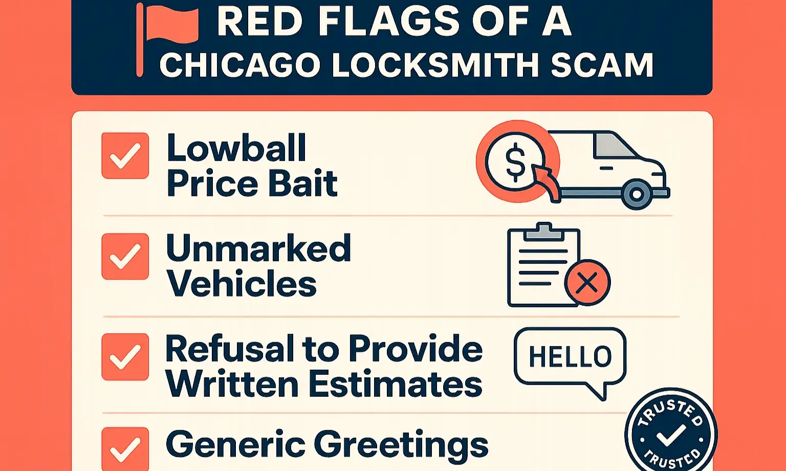 Infographic checklist of common Chicago locksmith scams with key red flags to watch for.