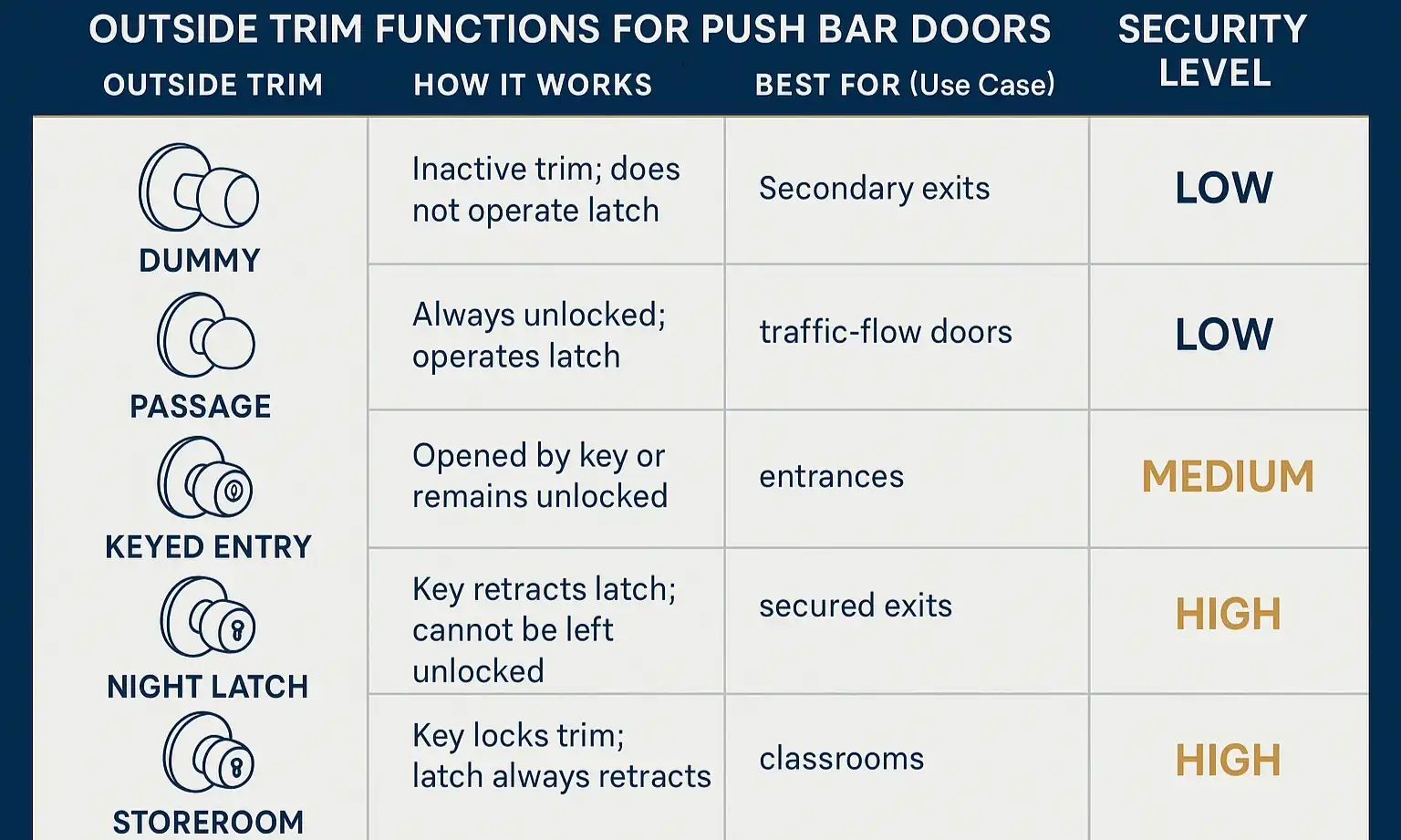 At a glance: Compare outside trim types by function, use cases, and security levels to choose the best option for your push bar door.