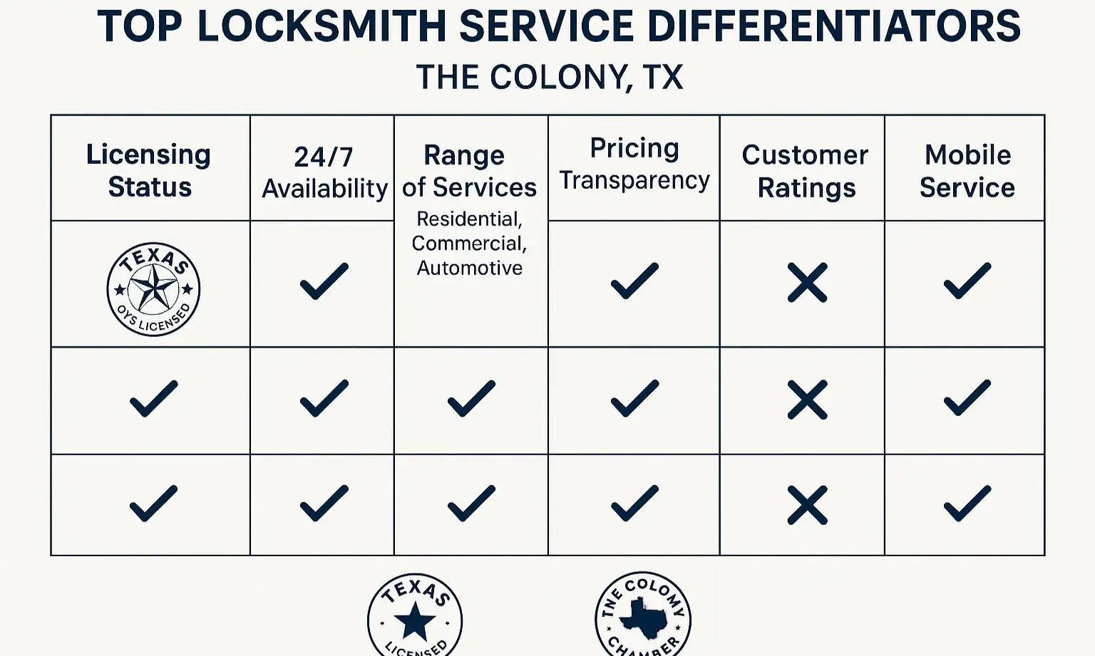 A comparative checklist of locksmith services in The Colony, TX, showing factors like availability, service types, and licensing.