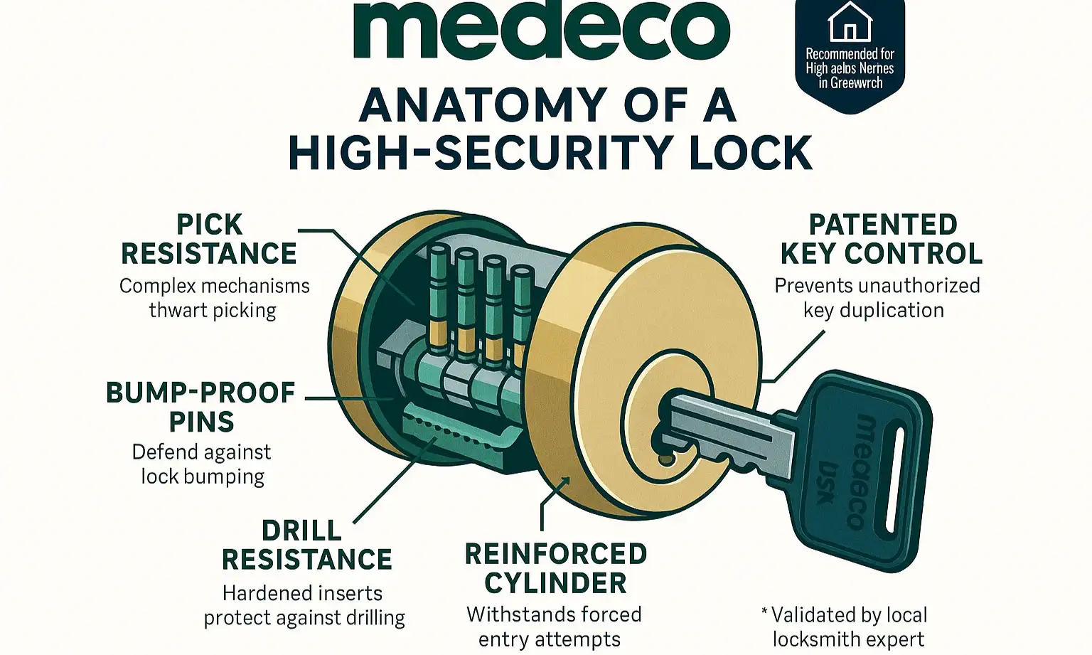 An infographic showcasing the anatomy of a high-security lock, highlighting features like hardened steel construction, complex pin tumblers, and restricted keyways.