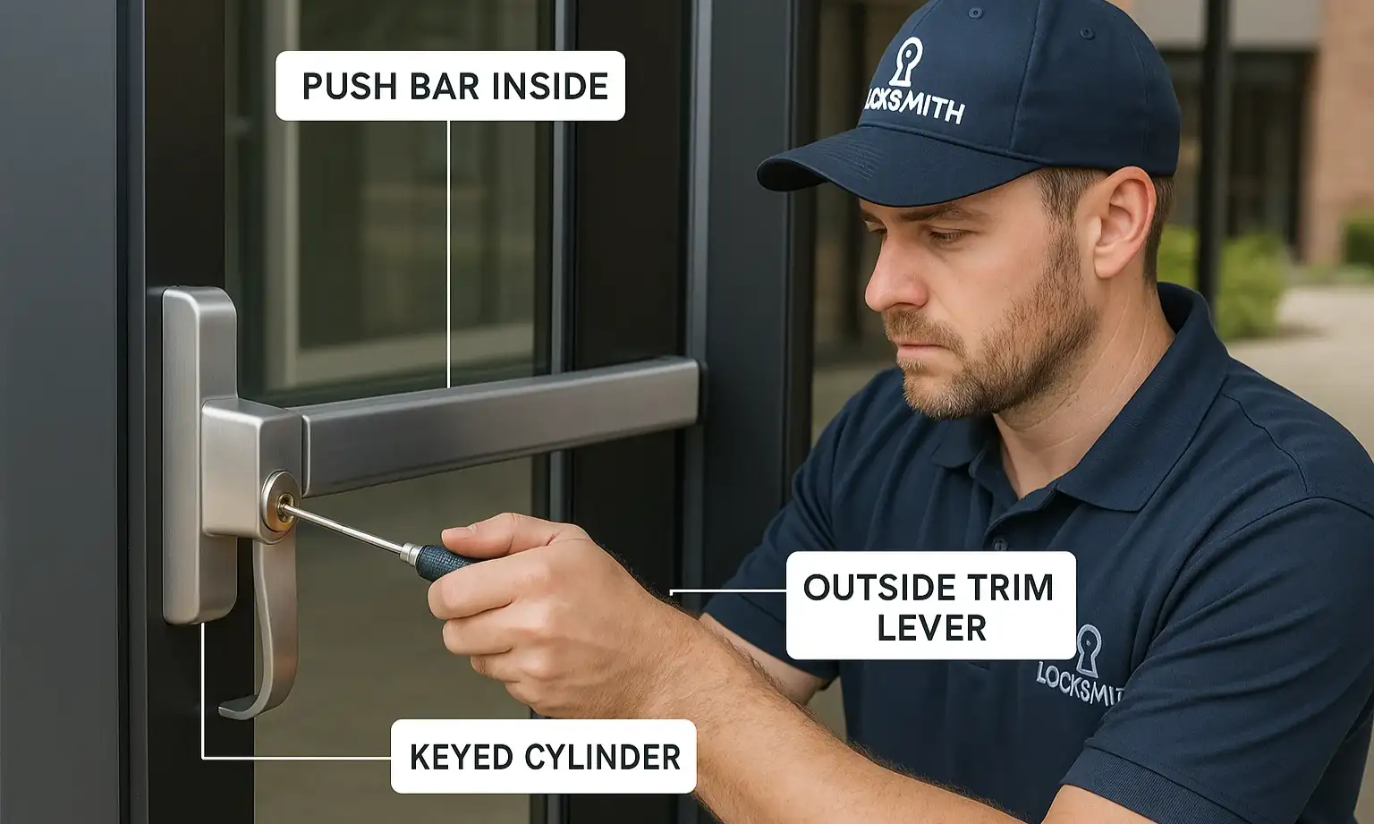 Expertise in action: See how a keyed lever trim integrates with a push bar door to provide secure exterior access while allowing free egress inside.