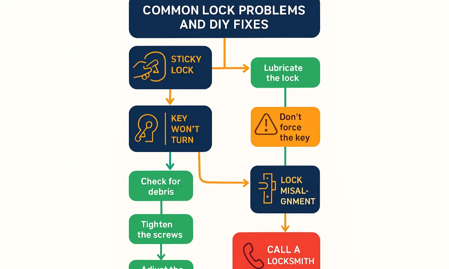A flowchart guiding homeowners through simple troubleshooting steps for a sticky lock and indicating when it's time to call a professional locksmith.