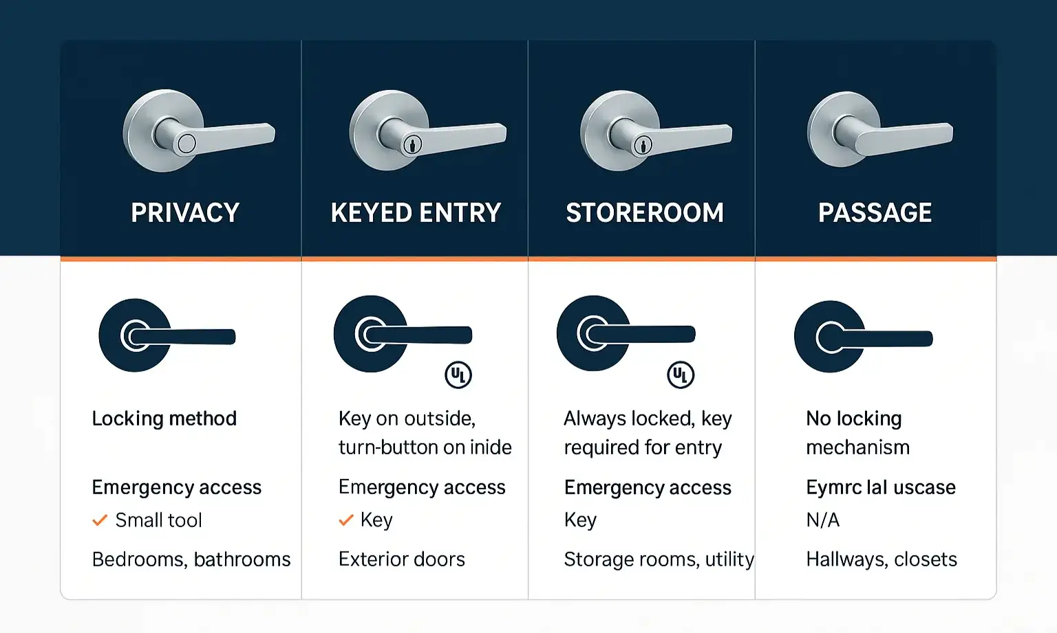 Quick comparison of privacy, keyed entry, storeroom, and passage lever locks to choose the right option.