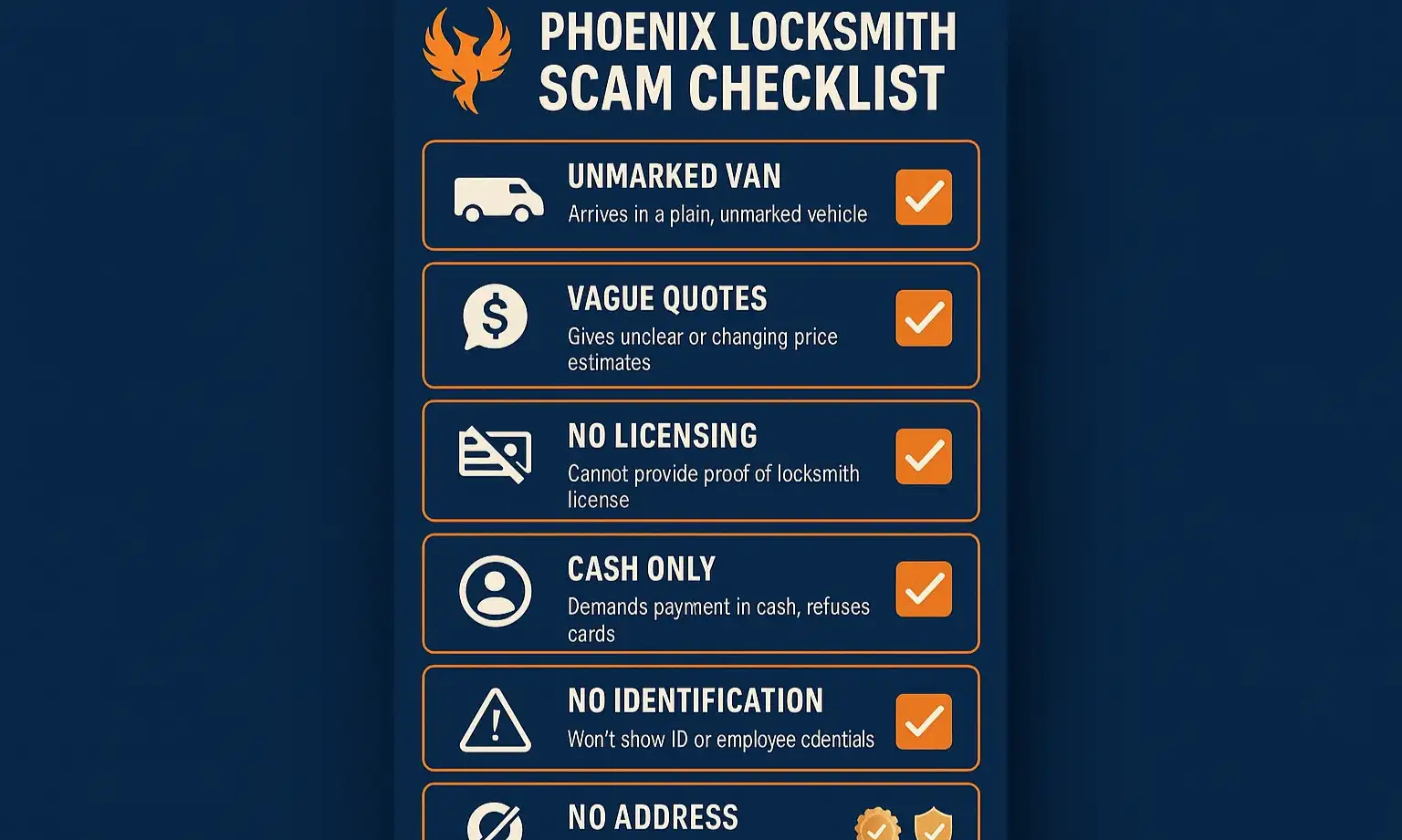 An infographic checklist with icons representing red flags like unmarked vans, vague phone greetings, and drilling a lock.