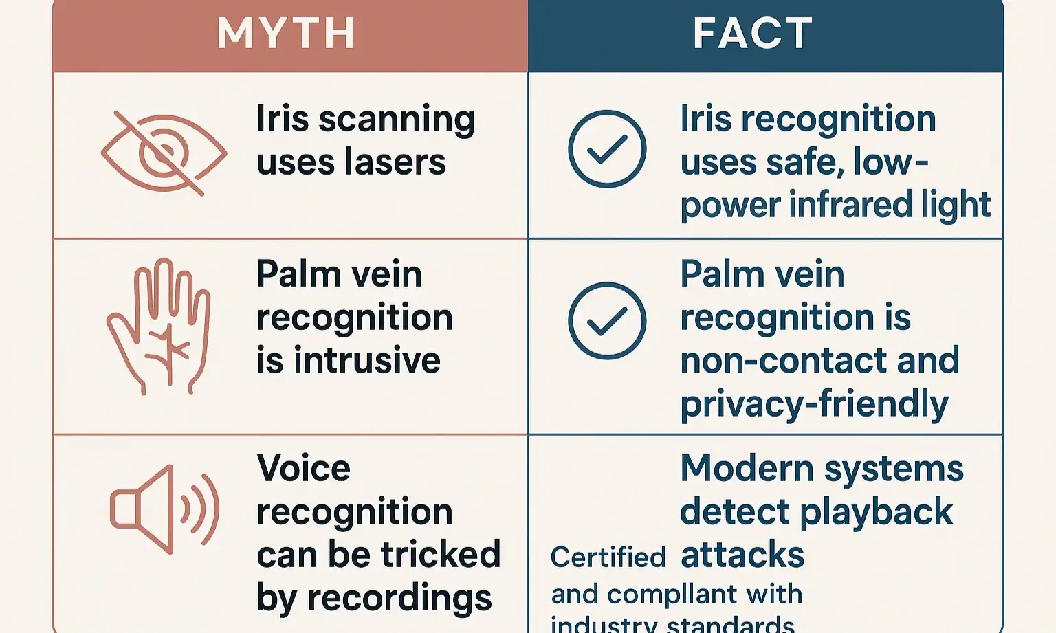 Graphic debunking common biometric myths with clear facts about iris, voice, and biometric uniqueness.