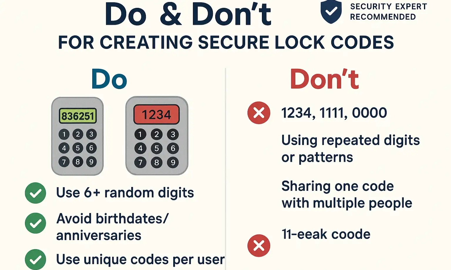 A checklist graphic with 'Dos' and 'Don'ts' for creating a secure smart lock code.